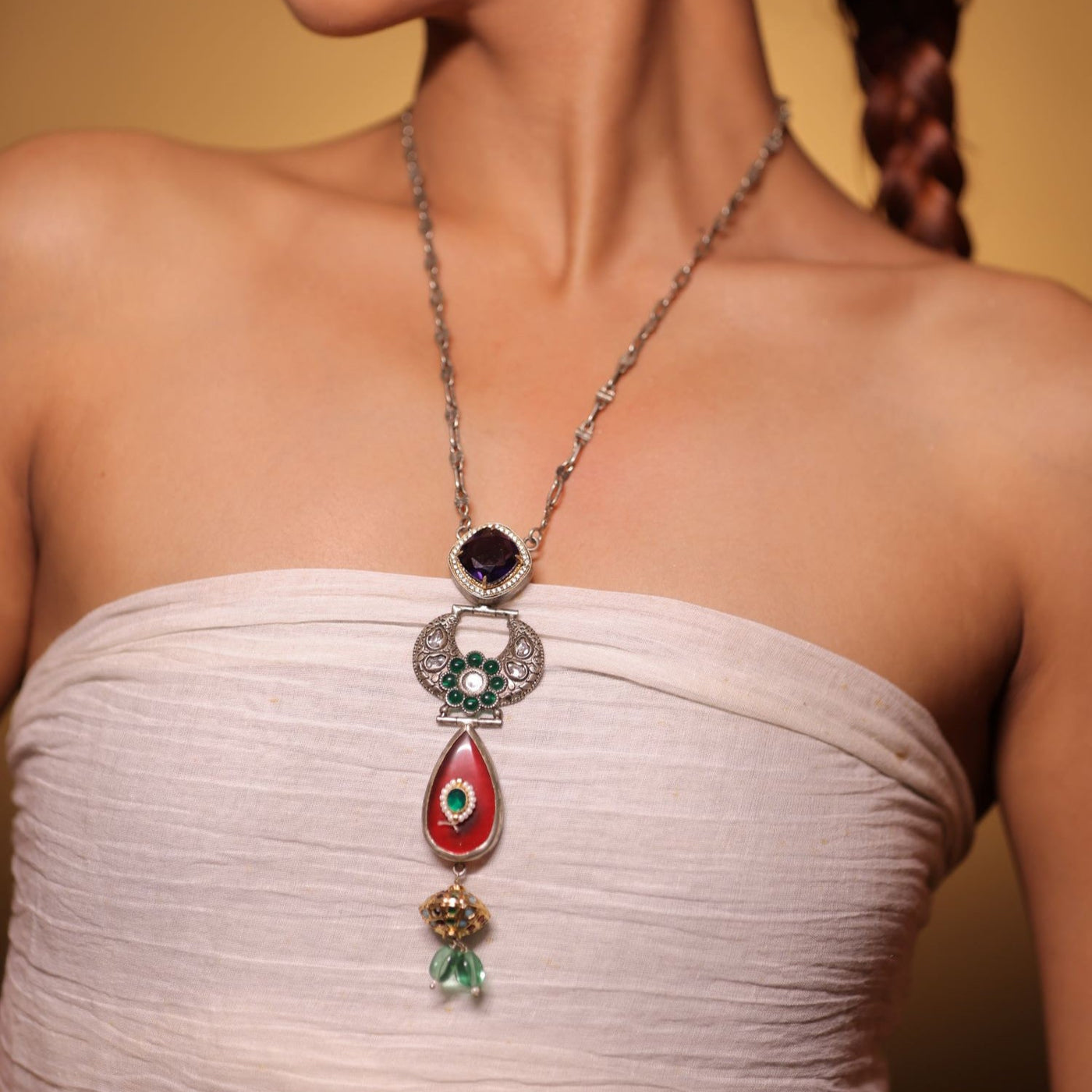 Silver Emerald Stone Long Neckpiece - NRF346