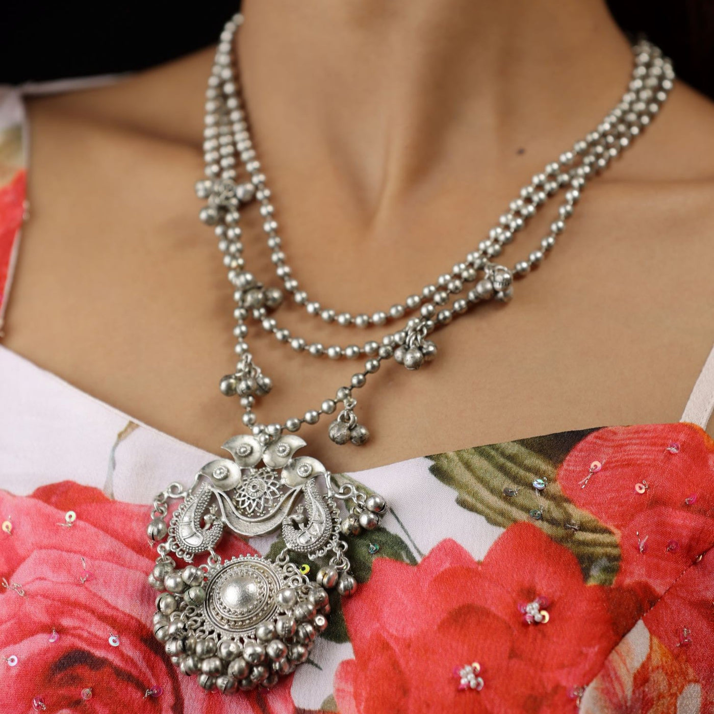 Oxidised Silver-Plated Ghungroo Beaded Neckpice - NRF365