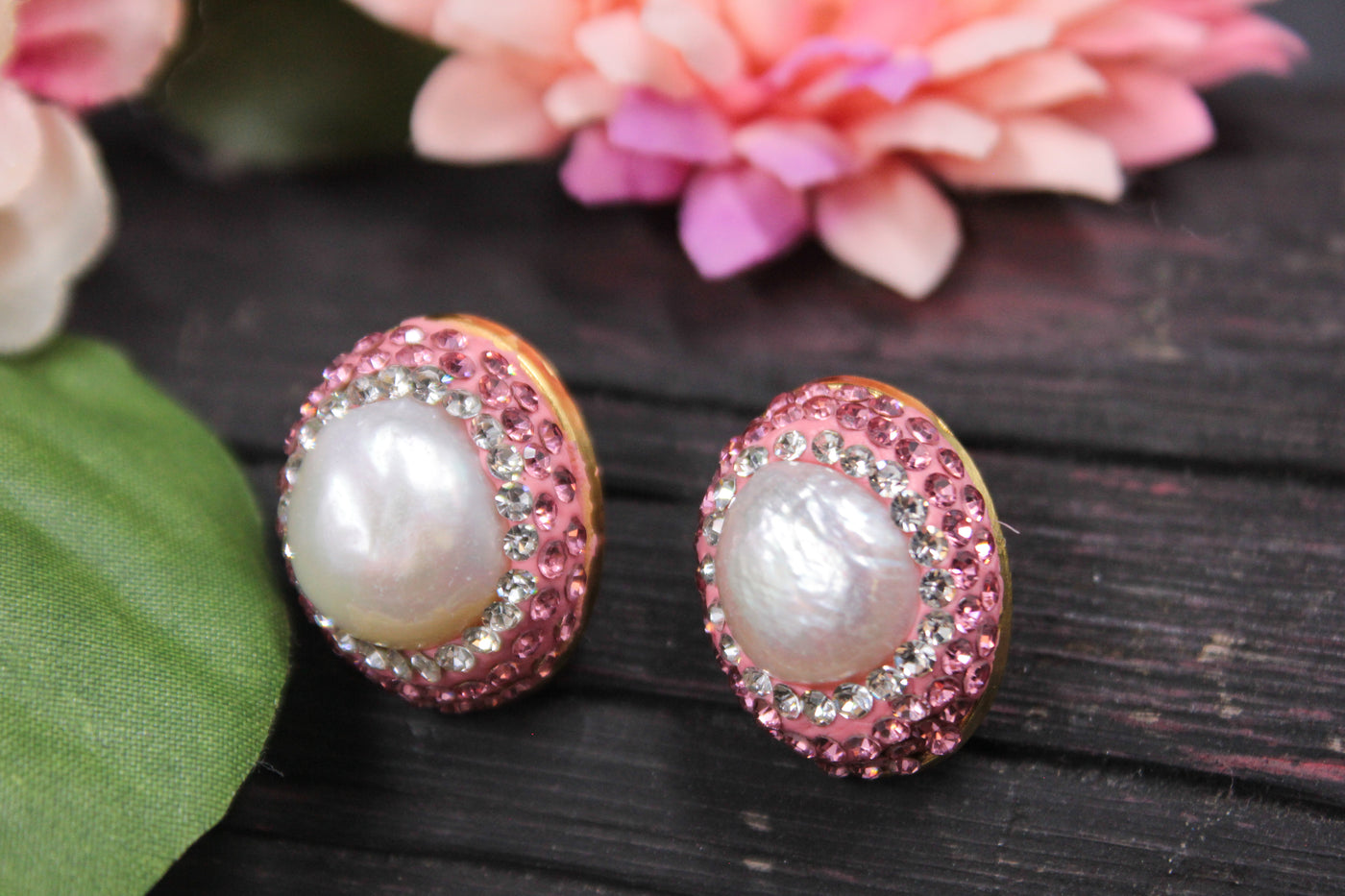 Oval Pearl Stud Earrings with Pink and Clear Rhinestone Halo - SIA451659