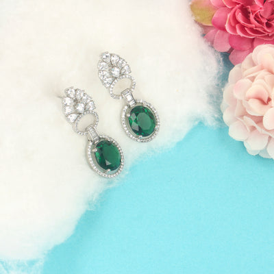 Silver Green Flower Earrings - SIA345545