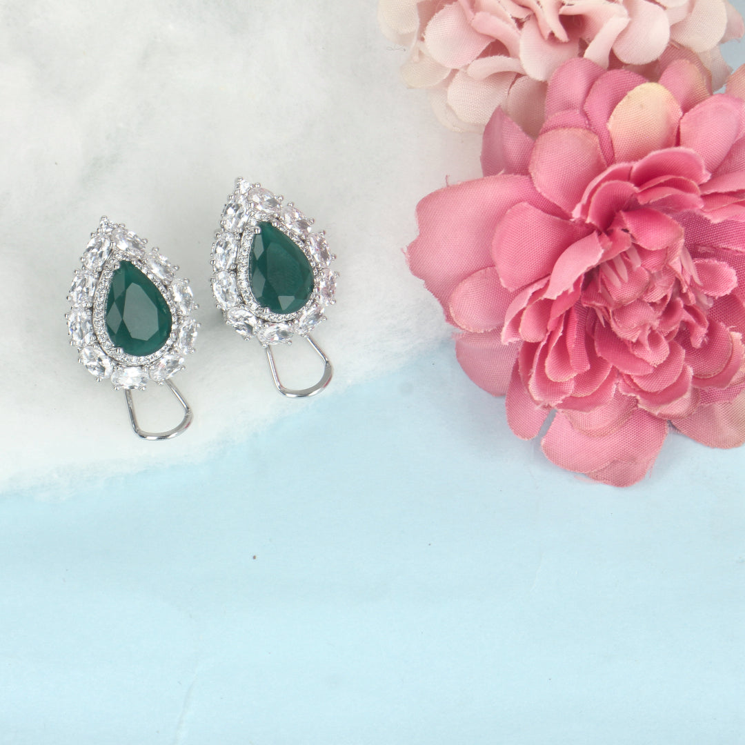 Waterdrop Green  Stud Rhodium Earrings -SIA439069