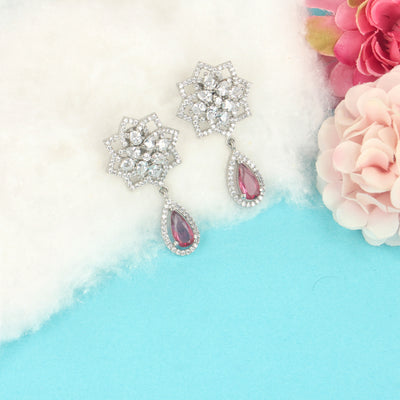 Silver Pink Flower Earrings - SIA364929_2