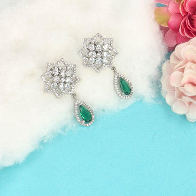 Silver Green Flower Earrings - SIA364929