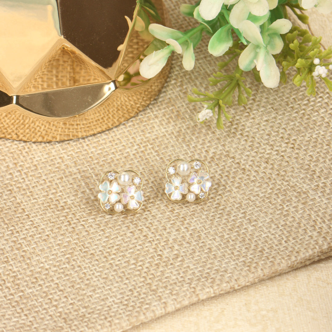 CZ Mother Of Pearl Flower Stud Earrings - SIA381745