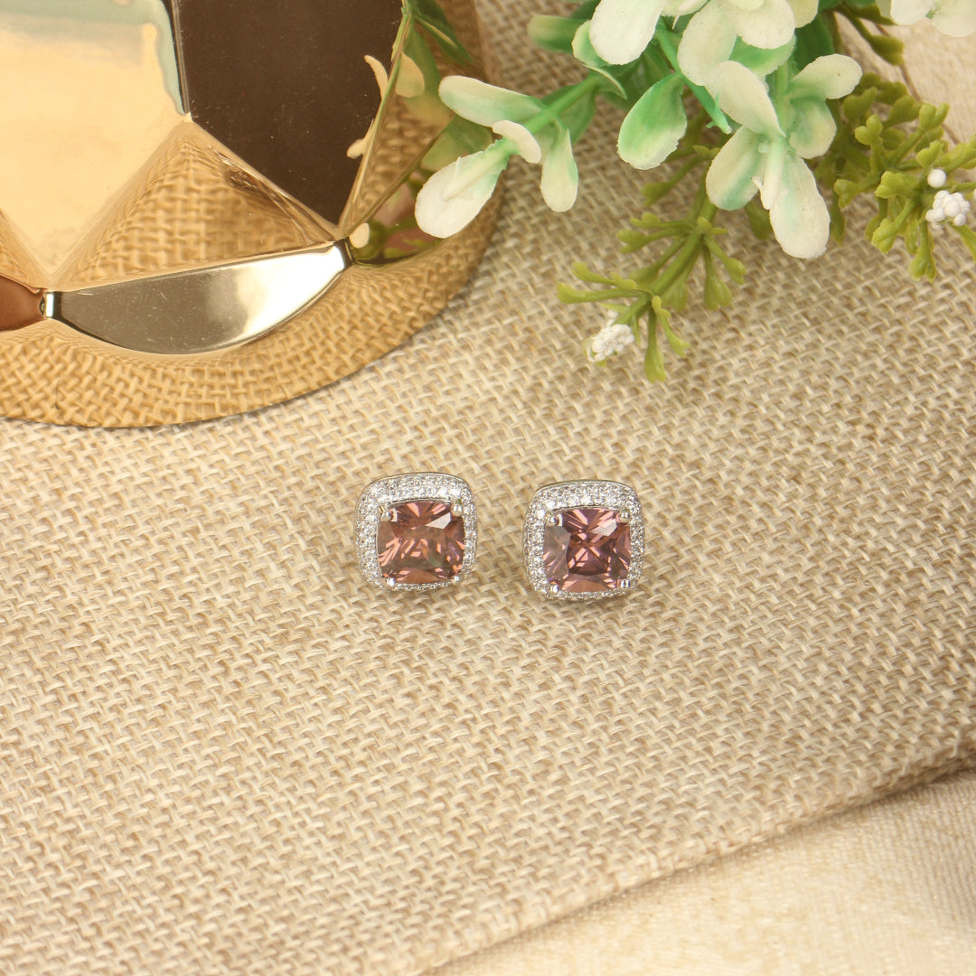 CZ Purple Square Sparkler Stud Earrings - SIA405788