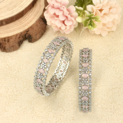 Baby Pink-Silver Mix Diamond Cut Stone Bangle - SIA410314