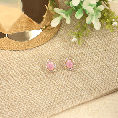 Pink Elegant Single Stone AD Stud Earrings - SIA415584