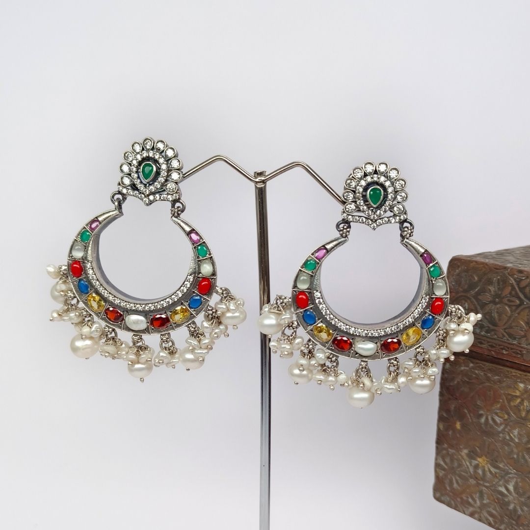 Embrace the Beauty of 92.5 Silver Oxidised Navratna Earrings - SIA417273