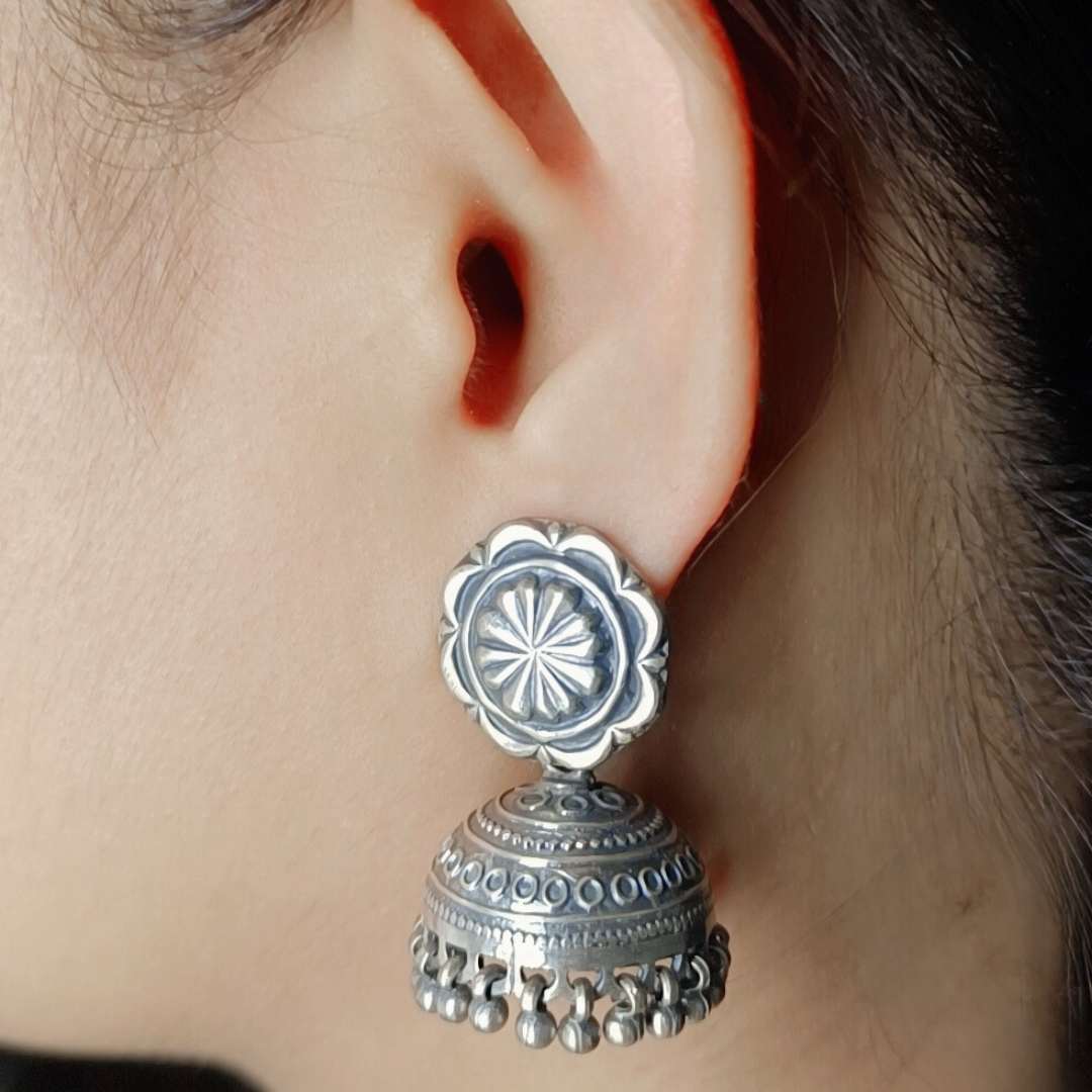 Elegance 92.5 Pure Silver Oxidised Jhumka Earrings - SIA417329