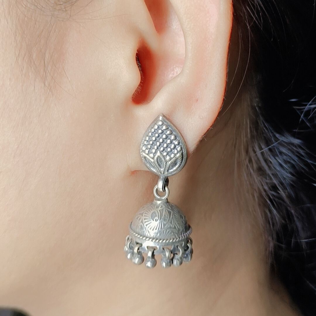 Adorn Your Ears with 92.5 Pure Silver Oxidised Jhumka Earrings - SIA417331