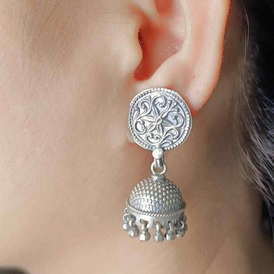 Stylish Simplicity 92.5 Pure Silver Oxidised Jhumka Earrings - SIA417332
