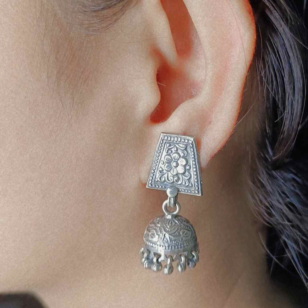 Subtle Elegance 92.5 Pure Silver Oxidised Jhumka Earrings - SIA417333