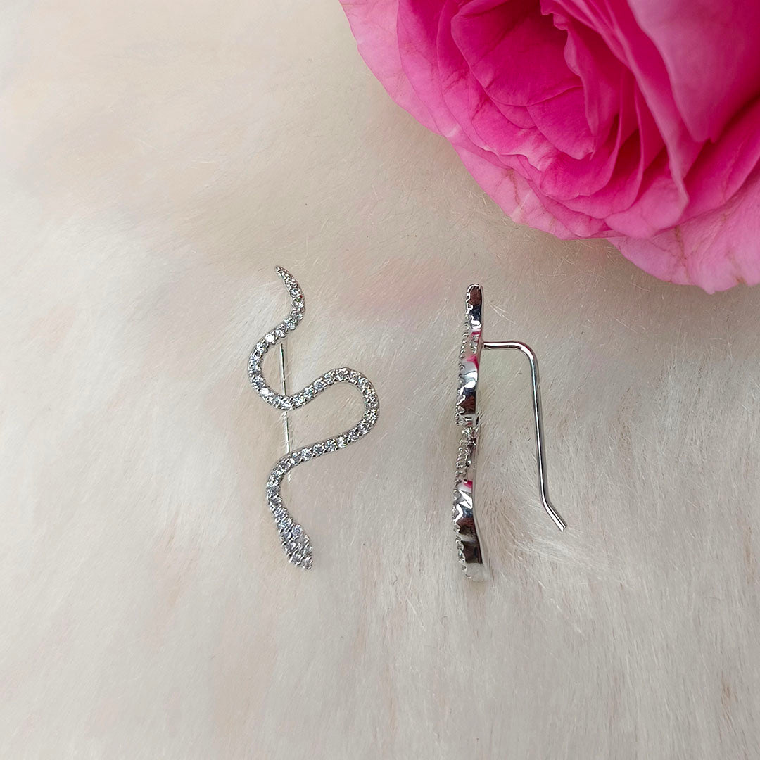 Sleek and Shimmering Rhodium Snake Earrings - SIA417895