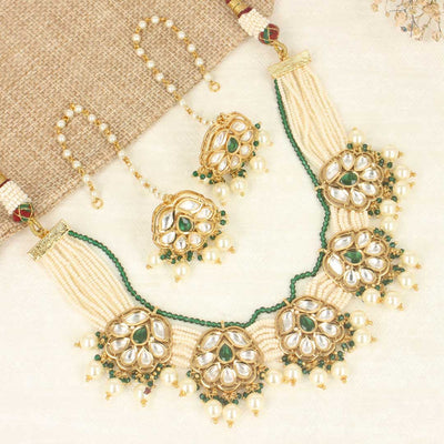 Beaded Pearls Green Necklace Set - SIA421416
