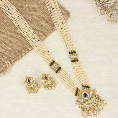 Beaded Pearls Blue Long Necklace Set - SIA421509