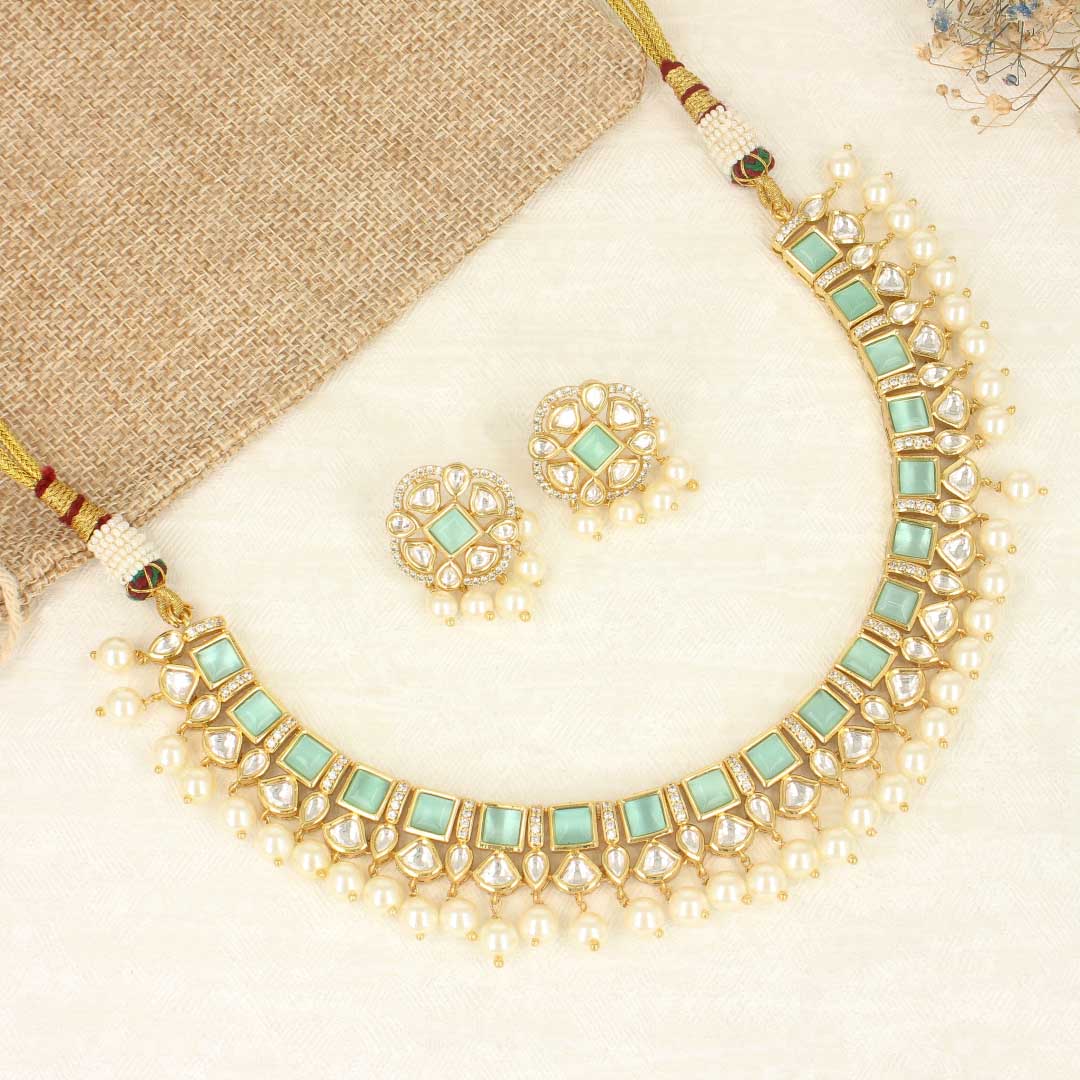 Kundan Studded Mint Green Necklace Set - SIA421514