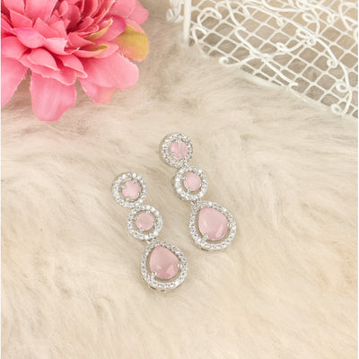 Baby Pink Rhodium Plated AD Studded Drop Earrings - SIA424828