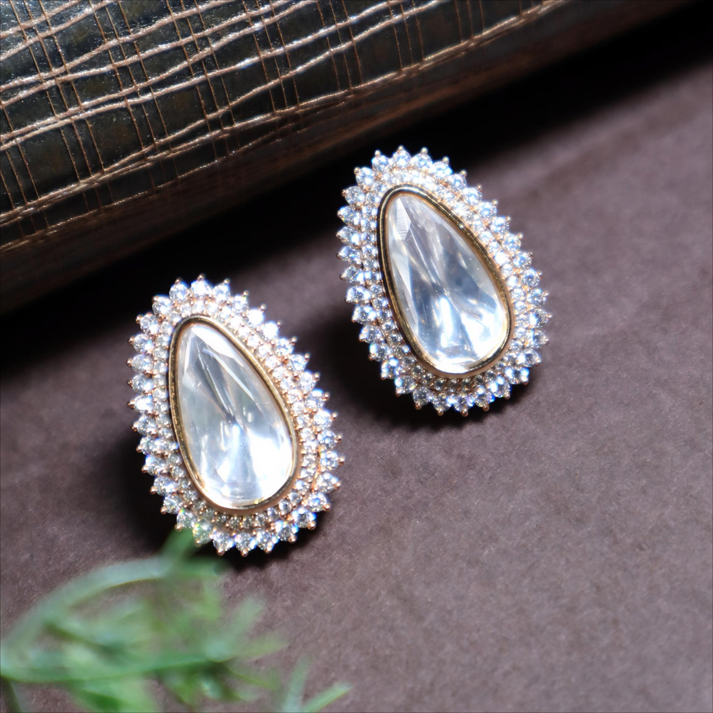 Gold-Tone Polki Pear CZ Stud Earrings - SIA425612