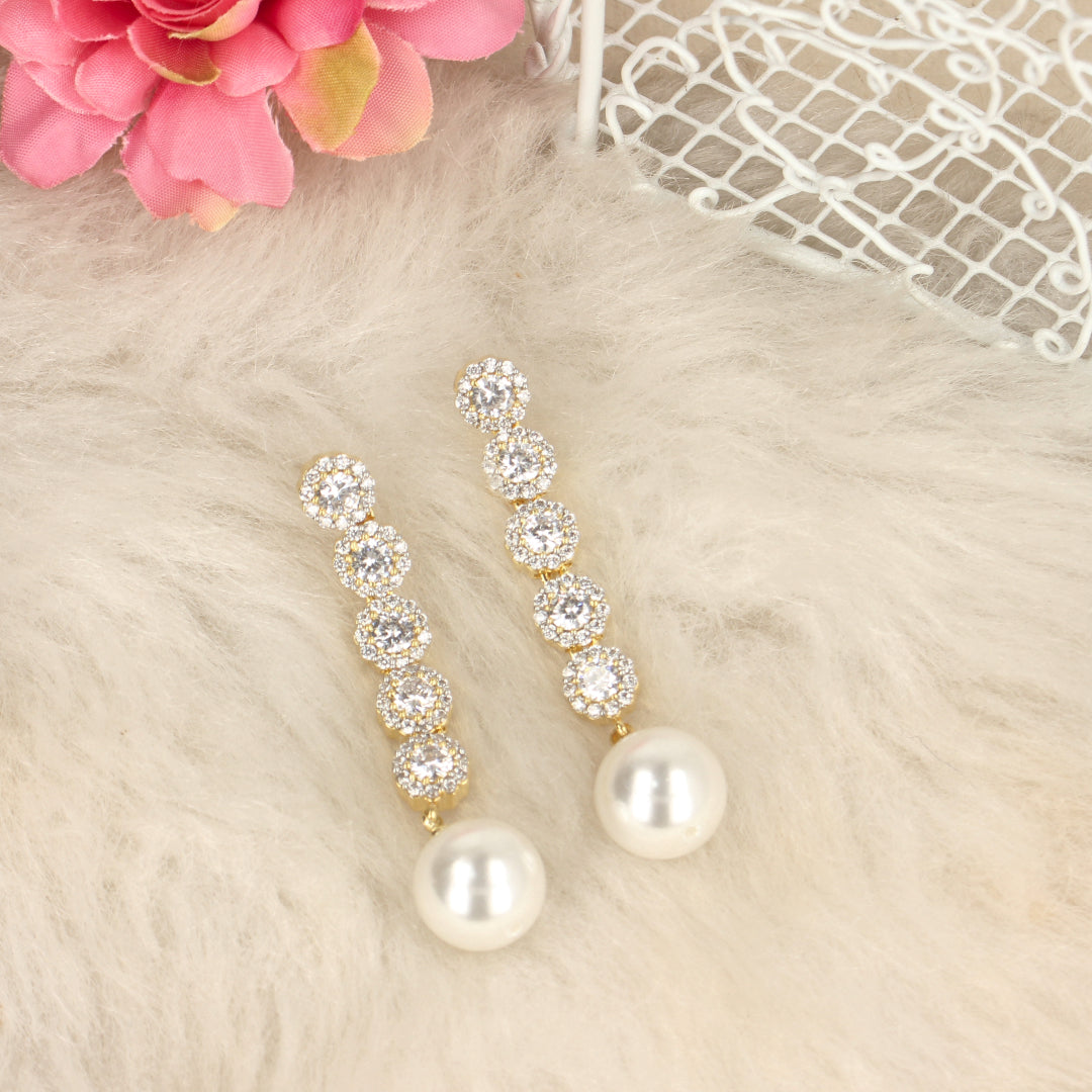 Gold CZ Pearl Drop Earrings - SIA425641