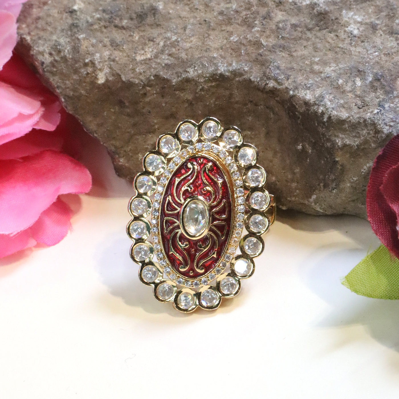 Gold-Toned Red Meenakari Oval Ring with Kundan Stones - SIA425893
