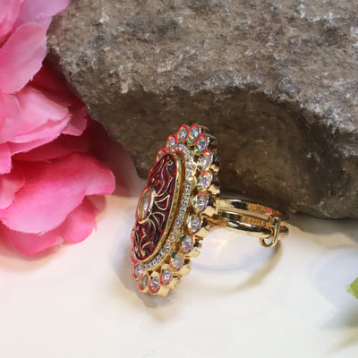 Gold-Toned Red Meenakari Oval Ring with Kundan Stones - SIA425893