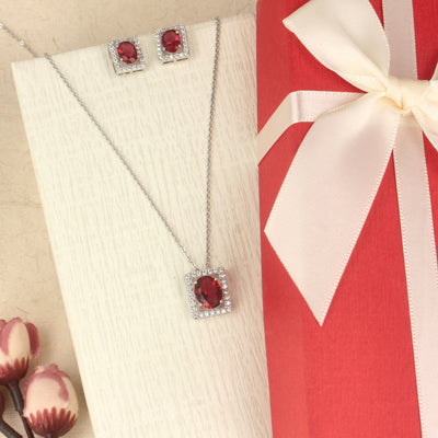 Silver Radiant Oval Red Ruby Pendant Set - SIA425908