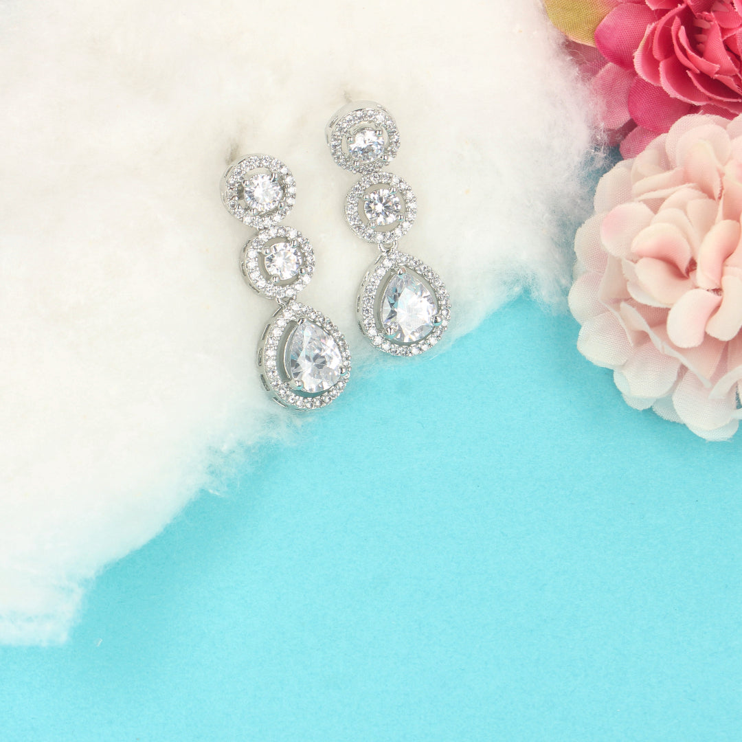 Silver Triple Row Crystal Drop Earrings - SIA426119