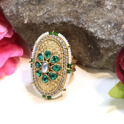 Gold-Toned Oval Kundan-Style Adjustable Finger Ring - SIA426910