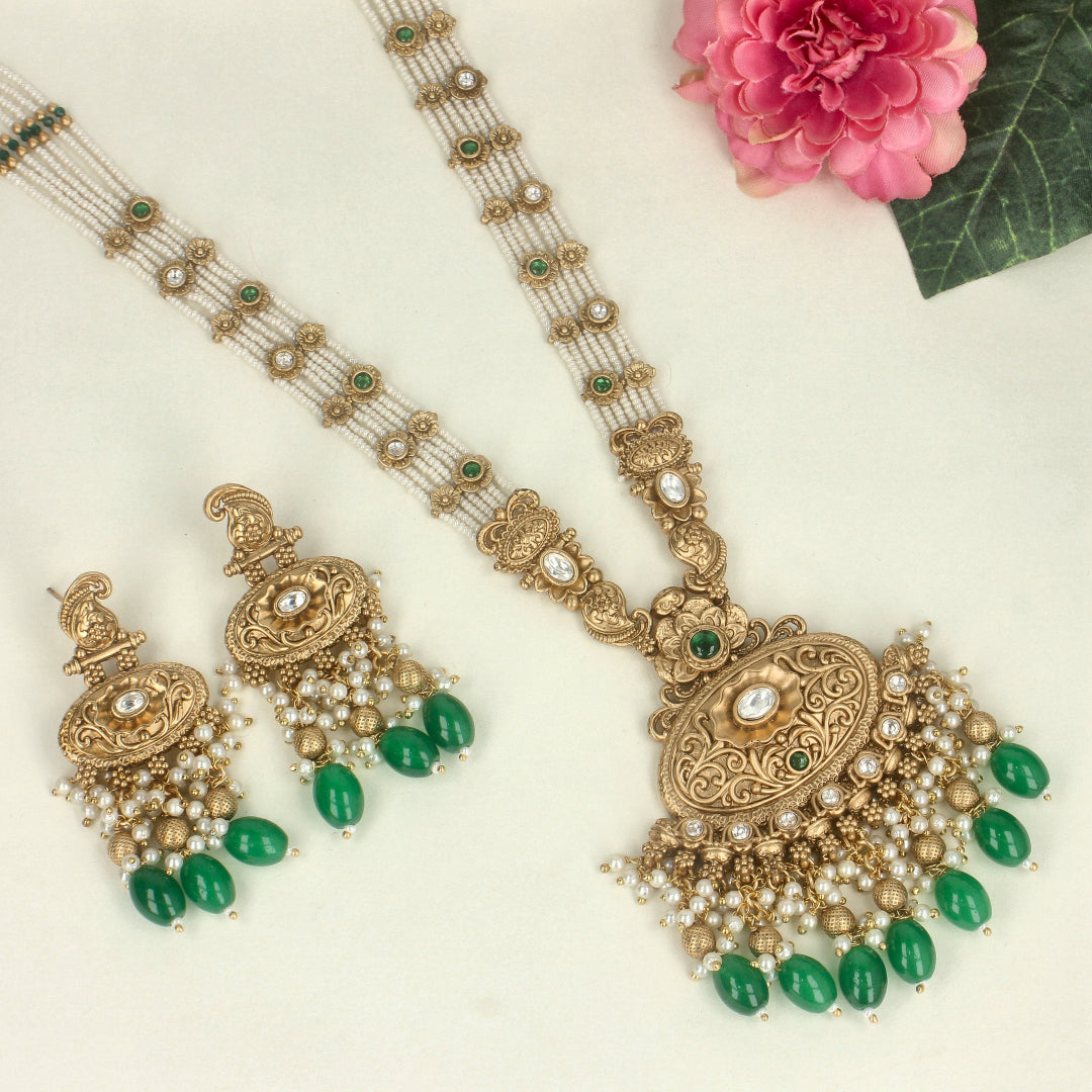 Gold Rajwadi Temple Green Necklaces Set -SIA426966