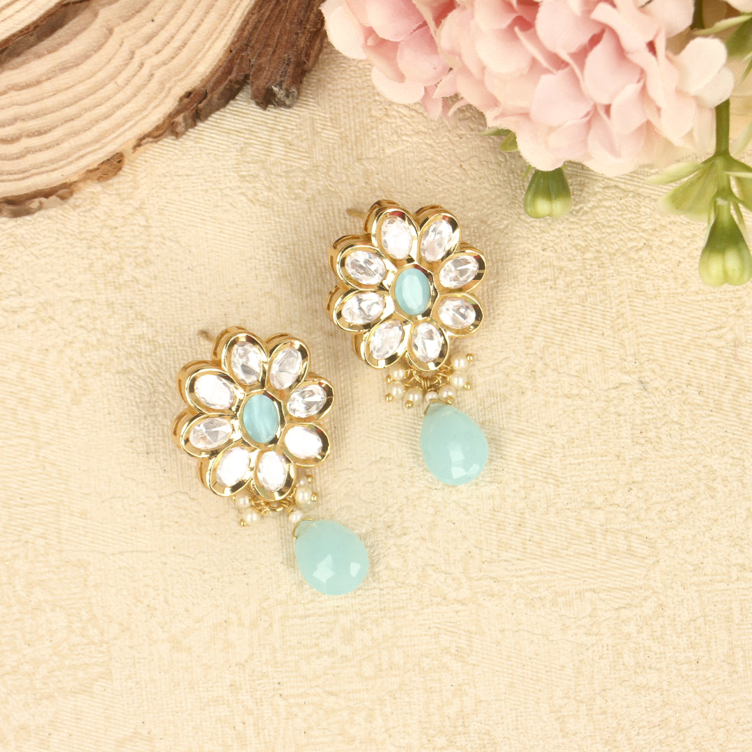 Floral Sky Blue Kundan Dangle Earrings - SIA427750