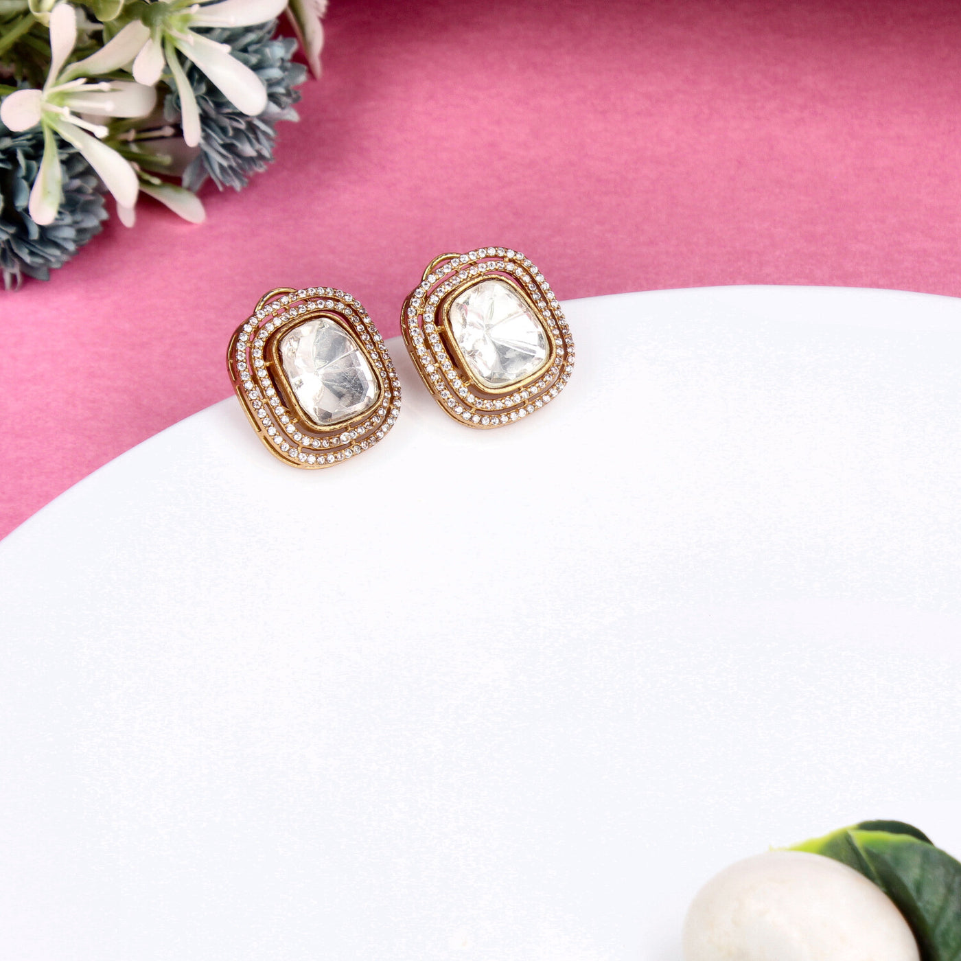 Vintage-Inspired Gold and Polki Stone Stud Earrings - SIA427762
