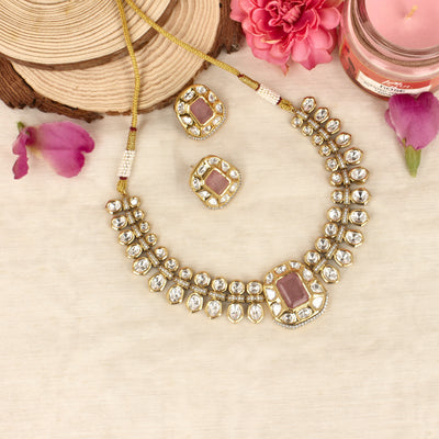 Gorgeous Kundan Baby Pink Necklace Set - SIA428110