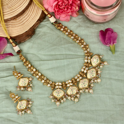 Gold Plated Kundan Necklace Set - SIA428124