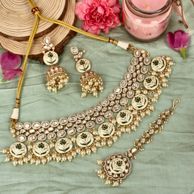 Kundan Beaded Lotus Choker Necklace Set - SIA428129
