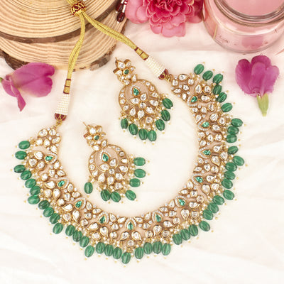 Gold Plated Emerald Green Kundan Necklace Set - SIA428143