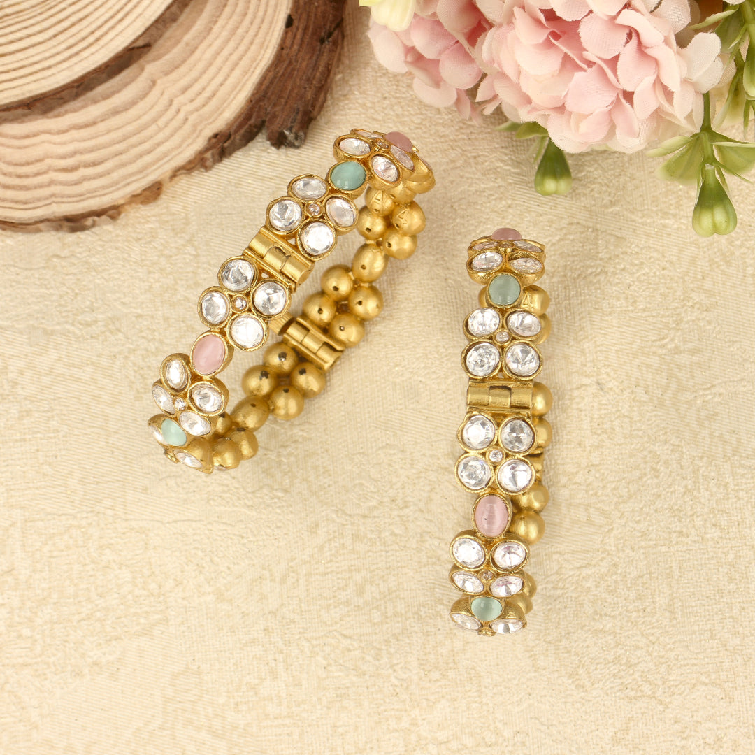 Sky Blue & Light Pink Kundan Bangle Set - SIA428191