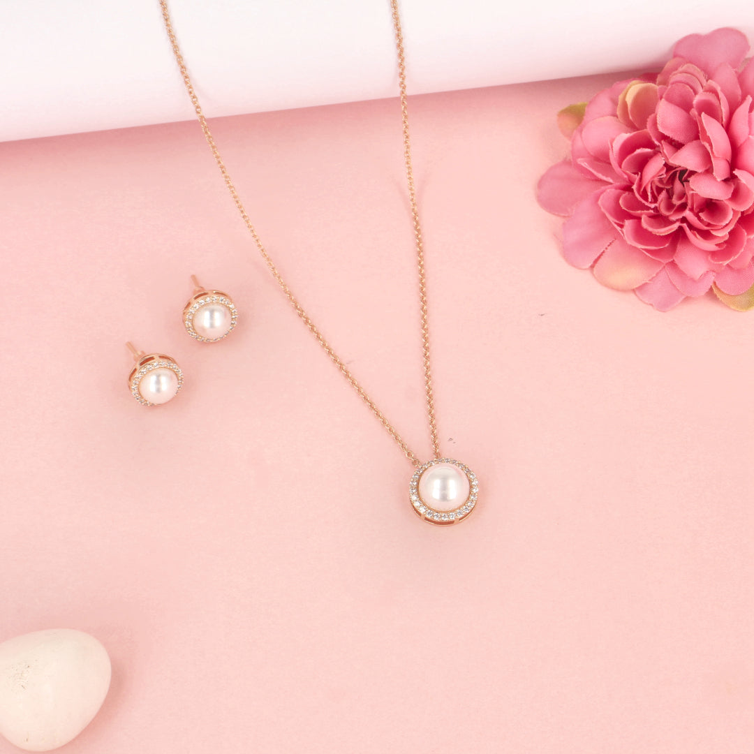 Rose Gold Plated CZ Pearl Pendent Set - SIA428307