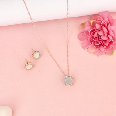 Rose Gold Plated CZ Mother Of Pearl Pendent Set - SIA428310