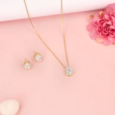 Gold Plated CZ White Tear Drop Pendent Set - SIA428315