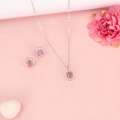 CZ Double Pink Square Pendent Set - SIA428326