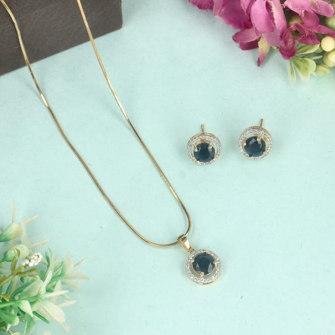 Gold Plated Round Blue Pendent Set - SIA428605