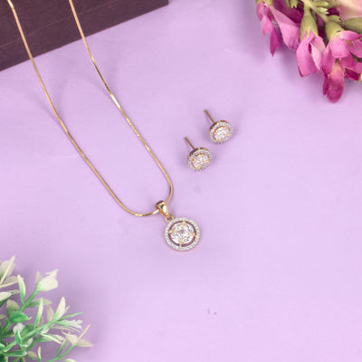 Gold Plated Sparkling CZ Round Pendent Set - SIA428618