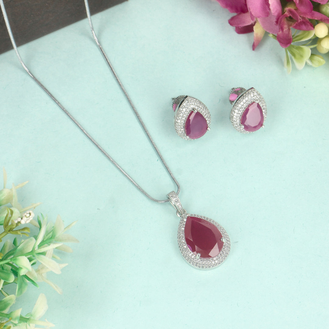 CZ Large Teardrop Pink Ruby Pendent Set - SIA428641