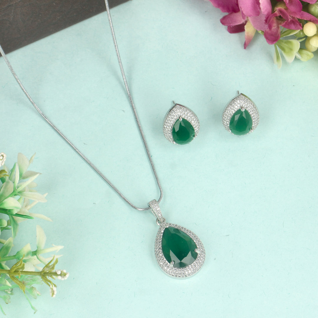 CZ Large Teardrop Green Ruby Pendent Set - SIA428642