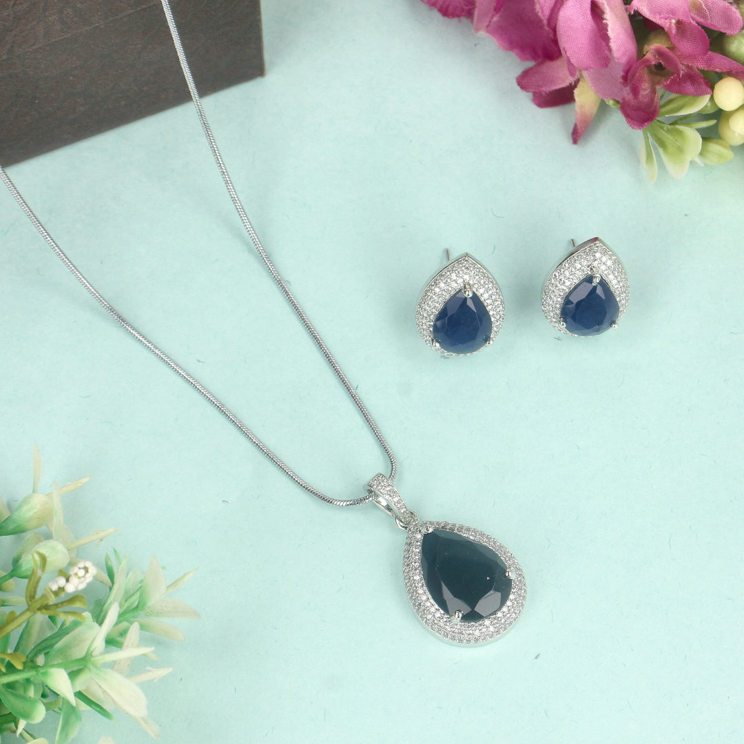 CZ Large Teardrop Blue Ruby Pendent Set - SIA428643