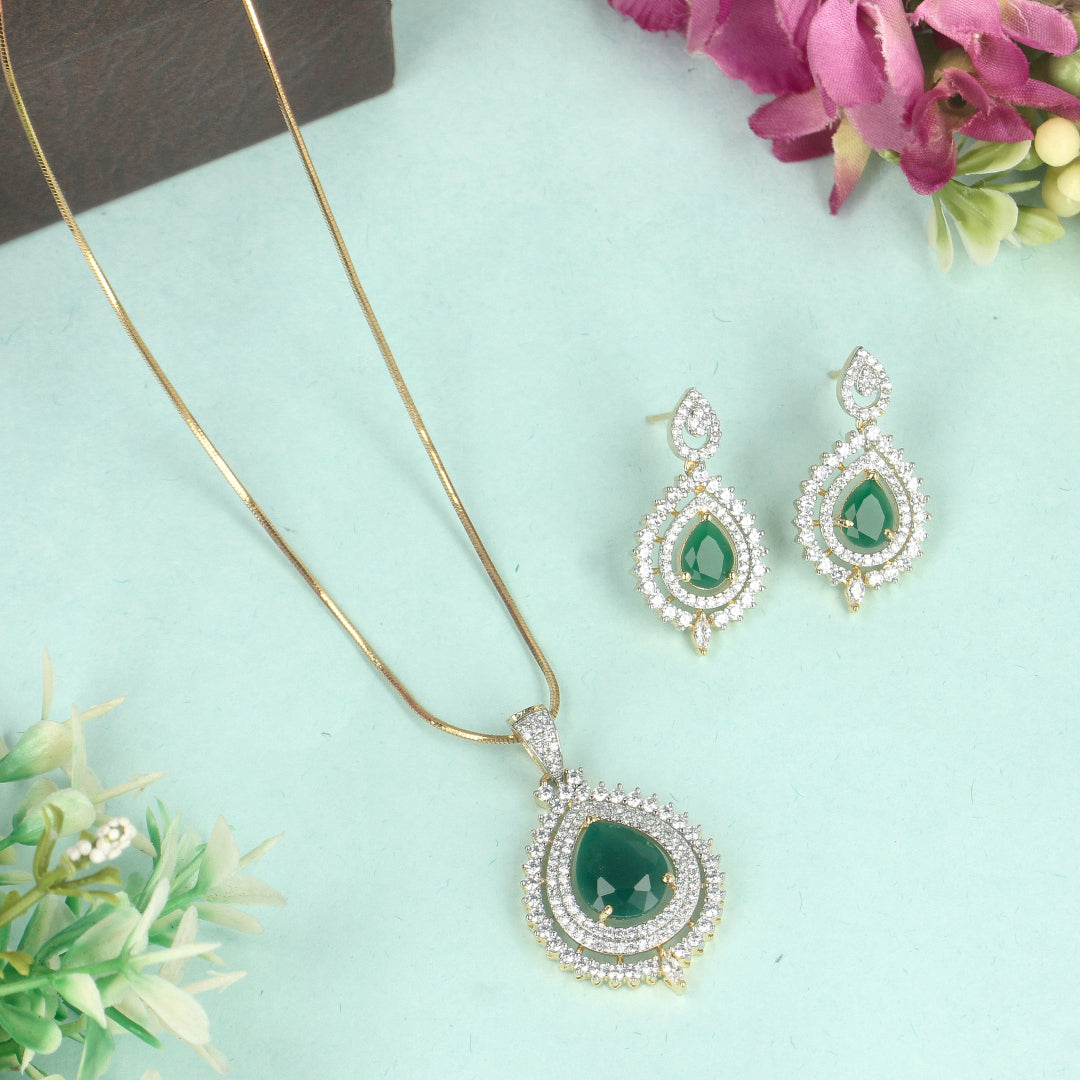 CZ Enchanting Drops Green Ruby Pendent Set - SIA428646