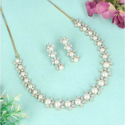 Gold Plated CZ Leaf Pearl Necklace Set - SIA428678