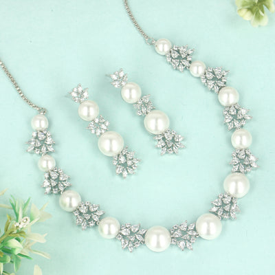 CZ Flower Pearl Necklace Set - SIA428696