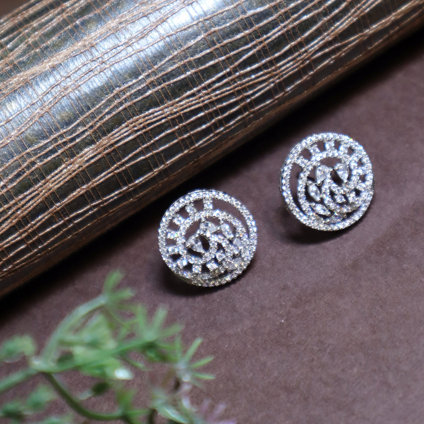 Silver-Toned Round Floral CZ Stud Earrings - SIA428834