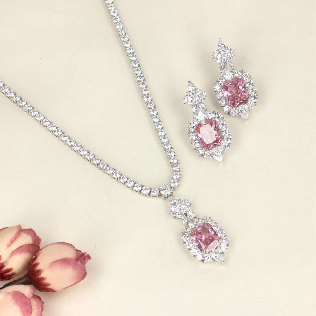 White Rhodium Necklace Set with baby pink stone-SIA430258